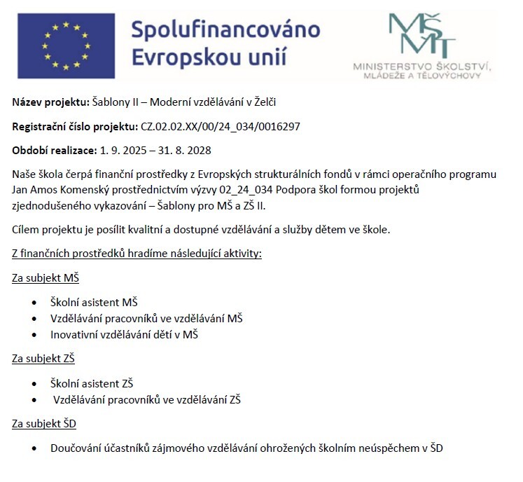 Projekt Šablony II - Moderní vzdělávání v Želči